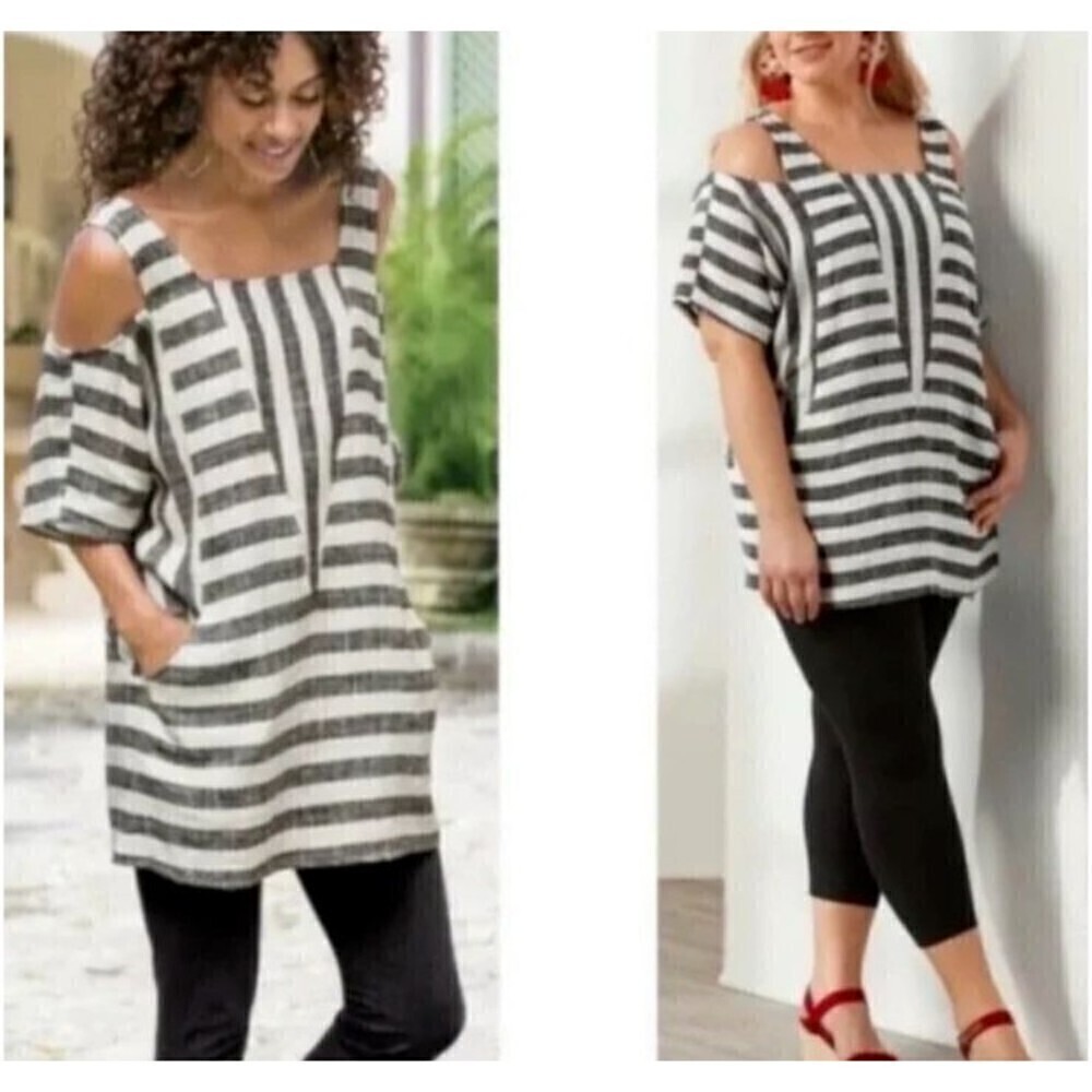 Soft Surroundings Women's Cold Shoulder Sunset Tunic Top Black & White Medium‎